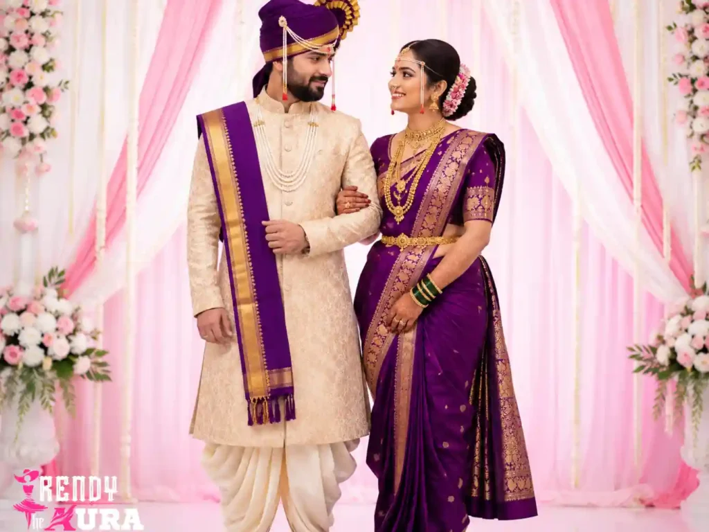 Purple Nauvari Saree with Golden Groom Look